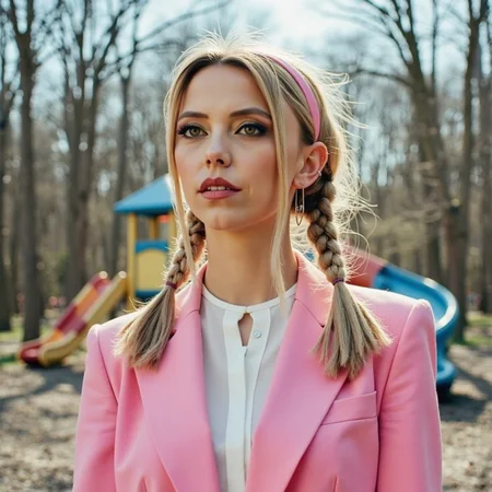 analog film photo watercolor painting ethereal fantasy concept art of  surrealist art analog photography, analog photo, a stunning woman in an eerie abandoned playground in the background, she's wearing a pink women's suit, braided hair, a white blouse and a pink headlace. A candid, close up shot <lora:Riley_Voelkel:1> rileyv . dreamlike, mysterious, provocative, symbolic, intricate, detailed, magnificent, celestial, ethereal, painterly, epic, majestic, magical, fantasy art, cover art, dreamy . vibrant, beautiful, painterly, detailed, textural, artistic, RAW candid cinema, 16mm, color graded portra 400 film, remarkable color, ultra realistic, textured skin, remarkable detailed pupils, realistic dull skin noise, visible skin detail, skin fuzz, dry skin, shot with cinematic camera . faded film, desaturated, 35mm photo, grainy, vignette, vintage, Kodachrome, Lomography, stained, highly detailed, found footage