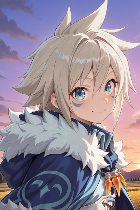 masterpiece, very aesthetic, absurdres, best quality, amazing quality, high resolution, <lora:illustrious_quality_modifiers_masterpieces_v1:0.8> , <lora:ChamIllustriousBackgroundEnhancer:0.5>,   <lora:MilanorIL:0.8> , miladef, 1boy, grey hair, spiked hair, blue facial mark, fur trim, blue cloak, white corset, facing left, ((face, close-up)), portrait, smile, evening, looking at viewer,