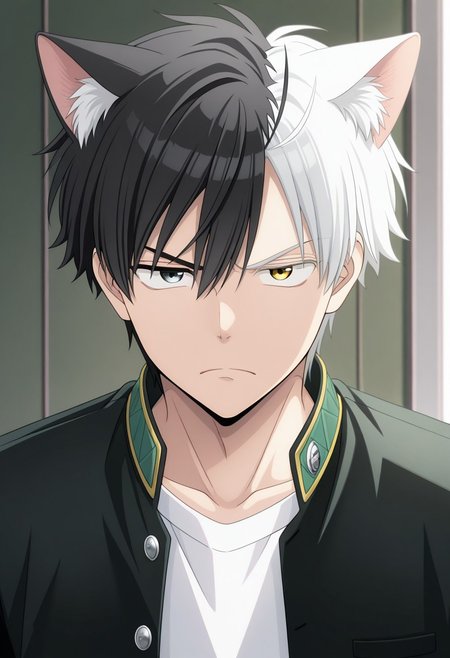 masterpiece,best quality,amazing quality, source_anime, 
sakuharuka, 1boy, male focus, solo, heterocromia, grey eyes, yellow eyes, split-color hair, black hair, white hair, school uniform, jacket, black jacket, open jacket, shirt, white shirt, cat ears, frown,