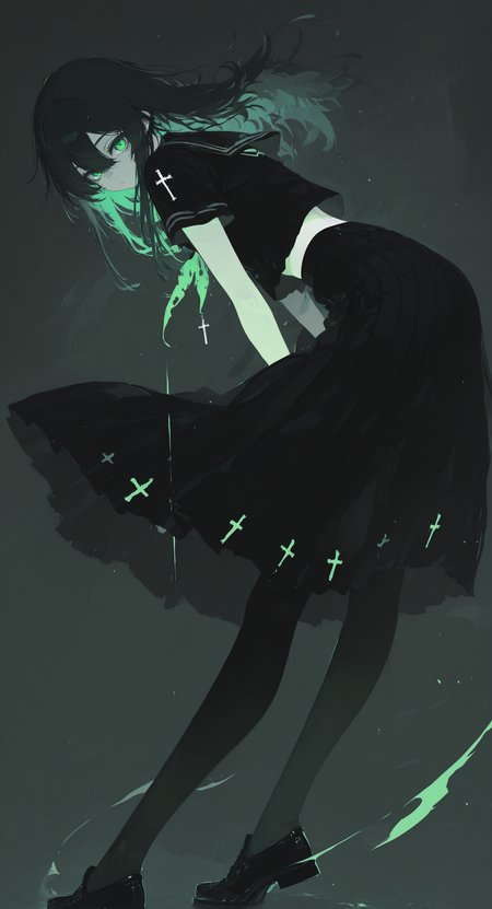 masterpiece, best quality, good quality, very awa, newest, highres, absurdres, 1girl, solo, long hair, looking at viewer, shirt, skirt, black hair, hair between eyes, green eyes, school uniform, full body, short sleeves, pantyhose, green hair, shoes, serafuku, midriff, black skirt, black footwear, black shirt, black pantyhose, leaning forward, cross, long skirt, black serafuku,wind, limited palette, h4ra_illu <lora:illustriousXL_stabilizer_v1.23:0.3> <lora:NOOB_vp1_detailer_by_volnovik_v1:0.3> <lora:ponyv6_noobE11_2_adamW-000017:0.3> <lora:114558v4df2fsdf5:0.6> <lora:XXX667:0.4> <lora:mon_monmon2133:0.5> <lora:hara_id_21:0.6>