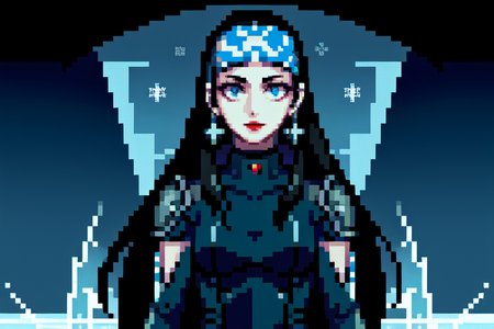 highly insanely detailed, masterpiece, top quality, best quality, highres, 4k, 8k, RAW photo, (very aesthetic, beautiful and aesthetic),  
beth_\(megami_tensei\),bethsmtii,shin megami tensei ii,long hair,black hair,straight hair,sleek black,jewelry,cross,headband,red_lipstick,Tokyo_Millennium,post-apocalyptic_city,dystopian_world,Millennium_News_Network,City_news,propaganda_broadcasts,information_contro, 
<lora:zs_Beth:0.6>, 
(1girl:1.3), 1other, 
(beautiful detailed glow,beautiful detailed ice,beautiful detailed water,snowflake),âââ