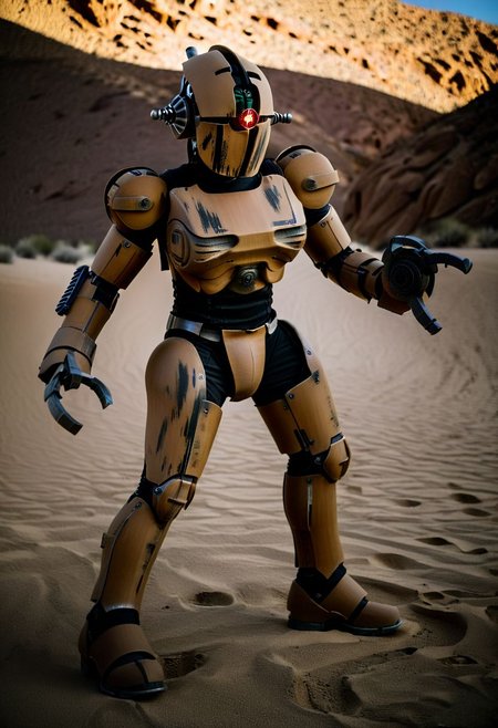 easynegative, extremely detailed, dark, chiaroscuro, low-key, AssaultronCosplay, zavy-strps, a tan assaultron robot, ((the assaultron has brown stripes painted on its armor)), ((tiger stripe pattern)), in the deserts of Arizona