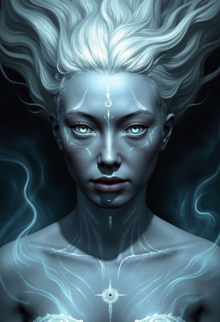 (in Boris Vallejo style:1.4), (masterpiece:1.2) A mysterious female entity with skin like moonlit marble stares forward, her piercing, silver-flecked eyes framed by long, dark lashes that add intensity to her gaze. Her face is flawless, with sharp cheekbones and full, slightly parted lips that shimmer with a soft, otherworldly light. Ethereal symbols, glowing faintly, curve across her forehead and temples, suggesting ancient magic. Flowing, silver hair surrounds her, blending with a nebula-like aura that radiates a gentle, silvery-blue light. Soft wisps of mist curl around her shoulders, accentuating her enigmatic presence. (hyperdetailed facial symbols and glowing aura:1.1), (intricate eye reflection and misty aura:1.1), (Refined mystical atmosphere:1.1), (best quality:1.1), (high resolution:1.2)