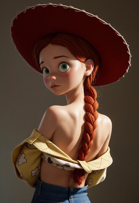 score_9, score_8_up, score_7_up, score_6_up, score_5_up, score_4_up, 1girl, Jes_sie, back facing viewer, undressing, looking back at viewer,  blushing, red hair, hat, plastic skin, fairy sized, bare back, braid
