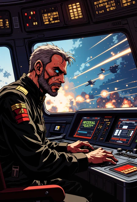 ne0nfant4sy, A grizzled starship captain, his leathery tan skin marked with years of interstellar warfare, grips the control console of his massive battlecruiser. His left eye, replaced by a holographic display, flickers as he analyzes the tactical readouts on the screen before him. His short, salt-and-pepper hair is damp with sweat, and a small scar runs down the side of his face, just past his jawline. The dark, sleek interior of the ship hums with the low vibration of its massive engines, and the flickering glow of control panels illuminates the lines of stress on his weathered face. Through the massive viewport, a star battle rages, laser blasts and explosions reflecting in his one good eye. His uniform, a black and silver jumpsuit, is tattered at the edges, showing signs of recent conflict. His hands are steady as they move across the console, despite the chaos outside, guiding the ship through the heat of battle. The stars themselves seem to ripple with the intensity of the fight, and his expression is one of grim determination, a captain whoâs seen it all but refuses to back down.<lora:RetroAnimeFluxV1:0.5><lora:NeonFantasyFLUX:0.3>