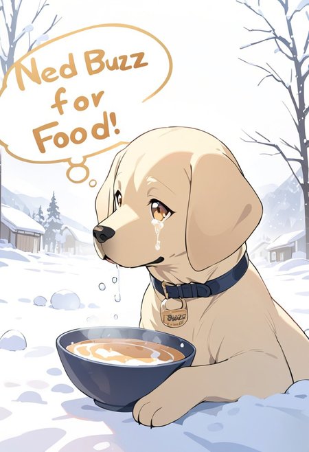 Masterpiece, crying, solo, golden Labrador, empty bowl, snow, 
BREAK thought bubble with ((text: "need buzz for food")),