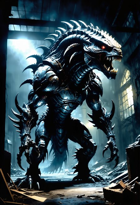 A charcoal sketch of a malevolent predator, its monstrous form gleaming beneath the light at night as shadowy figures roam across abandoned buildings in dimly lit areas. Drawing from both horror fiction and fantasy creatures like Joss Whedon's 'The Avengers,' this <lora:Wizz:0.69>, 2000s vintage RAW photo, photorealistic, film grain, candid camera, color graded cinematic, eye catchlights, atmospheric lighting, natural, shallow dof, High level of detail to create a photographic-like image, focusing on lighting, realistic textures, hyperdetailed.