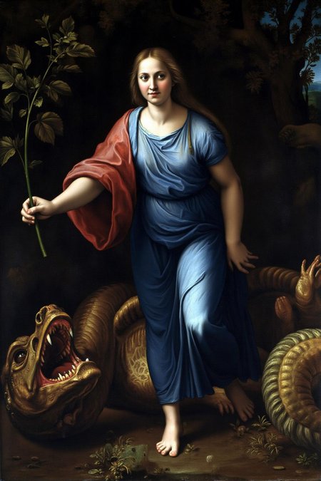 raphael1 painting.
A woman dressed in flowing blue and red garments, standing barefoot on the wing of a dead dragon. She holds a green branch in her right hand.
In the bottom left corner is the head of a dead dragon with its mouth open, revealing sharp teeth.
 <lora:raphael1_cap_d6a3:1.0><lora:843601744098489427:0>