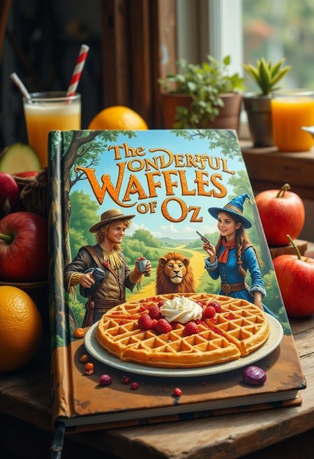 the book "The Wonderful Waffles of Oz" on a table with a detailed cover image featuring a delicous waffles on dish with a cute scarecrow boy,a cute robot, a cute lion,and a wizard girl around, the text "The Wonderful Waffles of Oz" with colorful font on top,exquisite and gorgeous painting style, oil painting style cover, the book on kitchen table,many fruit and drink on table around,fantasy fictional style screen,