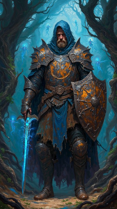 A highly detailed, mid-close-up fantasy scene of a battle-worn knight standing in a dark, enchanted forest. His weathered armor is adorned with glowing, mystical symbols, faintly pulsing with ancient magic. In one hand, he grips a massive, enchanted sword with a glowing blue edge, while the other hand rests on a battered shield etched with deep scratches. His face, partially obscured by a tattered hood, reveals a determined gaze. Behind him, faint ethereal spirits hover between the twisted, gnarled trees, their pale blue light contrasting with the knight's stern, grounded presence.
 <lora:flux_detailed_v2_flux_ntc:0.7> <lora:FLUX-daubrez-DB4RZ-v2:0.7> <lora:detailed:0.7>