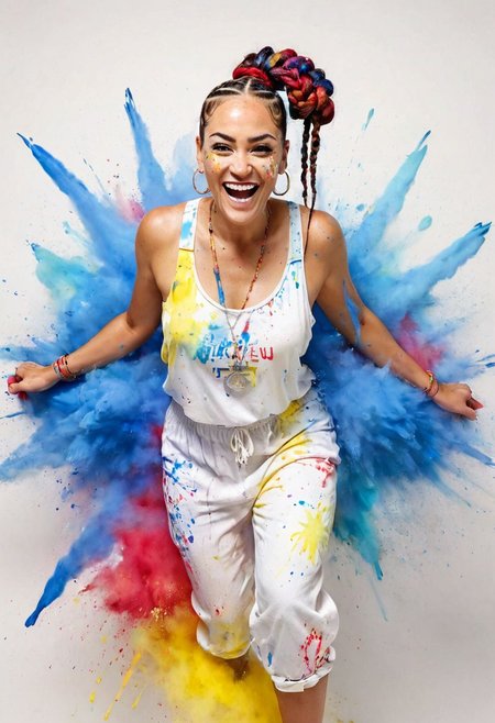 Full body portrait photo of Marja Velasco, wearing a summery outfit, age 35, mature, Cornrows hair, ((Red and Yellow and Blue watercolour splashes on a white background)), large bursts of paint on background long exposure, film grain, lively expression, (soulful eyes), (expressive eyes) (natural light, light particles), Colorsplash