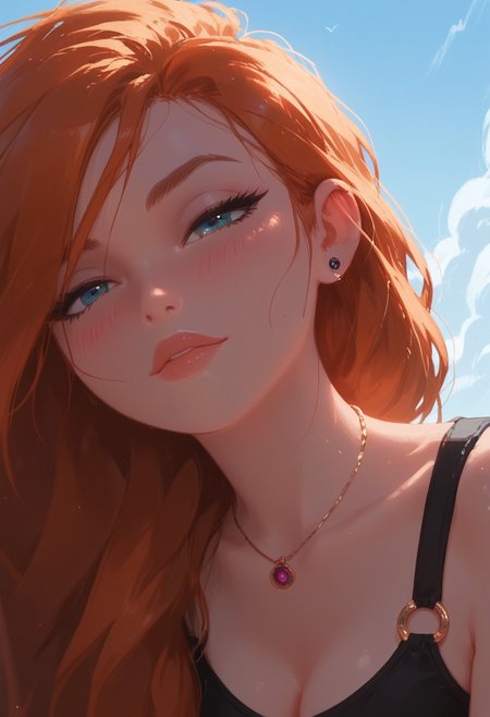 score_9, score_8_up, score_7_up, score_6_up, 1girl, solo, Kim Possible, redhead, long hair, perfect face, perfect eyes, sexy girl, beautiful eyes, petite body, wide hips, perfect cute face, standing, small breasts, matte lips, 
ruanyi0973,black gloves,black jacket,black shorts,cleavage,tank top,o-ring,fishnet pantyhose,
 seductive look, green pants, girl leaning forward, perfect hands, blush, close up, dynamic angle,
, half-closed eyes, blush, outdoor, day, 
,
<lora:Unfazed Kim Demsih style - XL Pony V1.0:1>,
<lora:incase-ilff-v3-4:0.3>,
 (overexposed:1.2), sunlight, 
 <lora:Ultimate_AI_Style:0.45>
 <lora:Midjourney Image Enhancer XL v1:0.8>
 <lora:PerfectEyesXL:1> 
 <lora:Prettycherry_Midjourney_style:0.8>
 <lora:dr34mc0r3XLP:0.4> dr34mc0r3,
 <lora:Cinematic_style:0.55> Cinematic style, cinematic quality,
 <lora:PASTEL:0.55> Pastel,  drawing with dry chalk,  crayons,
 <lora:kajinman_style_pdxl_goofy:0.45>
  <hypernet:yandereGesugaoStyle_v10:1>
 <lora:Sinozick_Style_XL_Pony:0.4>  
<lora:0973 Home wear 19_v1_pony:0.6>  
 <lora:SDXL1.0_Essenz-series-by-AI_Characters_Style_YourNameWeatheringWithYouSuzumeMakotoShinkai-v1.4-'Skynet':0.8> anime screencap in mnst artstyle
