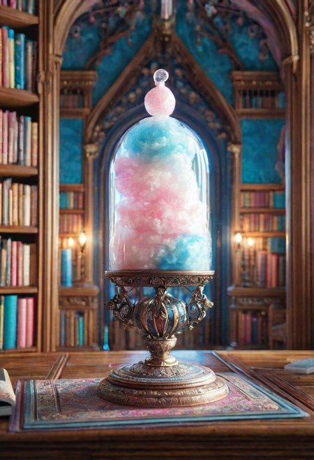 masterpiece, best quality, high resolution, absurdres, ultra-detailed, intricate details, ultra detailed, 8k, highly detailed, very aesthetic, professional 4k, Canon 5d mark 4, extremely detailed, very_detailed, high_detail, sharp focus, clean lines, perfect anatomy, realistic style,  
cottoncandy book,
fantasy castle interior, library,
film grain, cinematic, colorful, moody lighting, natural light, soft light, depth of field, bokeh, light particles, backlight, chiaroscuro, refraction, subsurface scattering