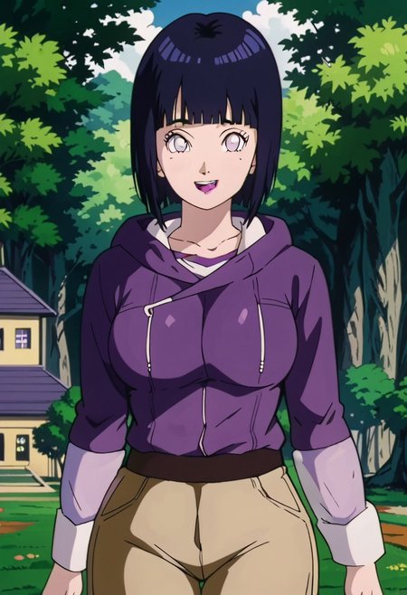 score_9, score_8_up, score_7_up, source_anime,anime screencap,anime coloring,intricate details,masterpiece,
uncensored,
mature female,
hinata, black hair, 1girl, short hair, large breasts, bangs, blunt bangs,white eyes,no pupils, large breasts, 
hoodie,long sleeves,jacket,purple jacket,hood down,layered sleeves,short over long sleeves,white shirt,beige shorts,
open mouth, 
smile,looking at viewer,
perfect anatomy,
scenery,outdoors, east asian architecture, forest,
<lora:Hinata Boruto:0.9> retro artstyle, 90s dbz style, style dragon ball girl,