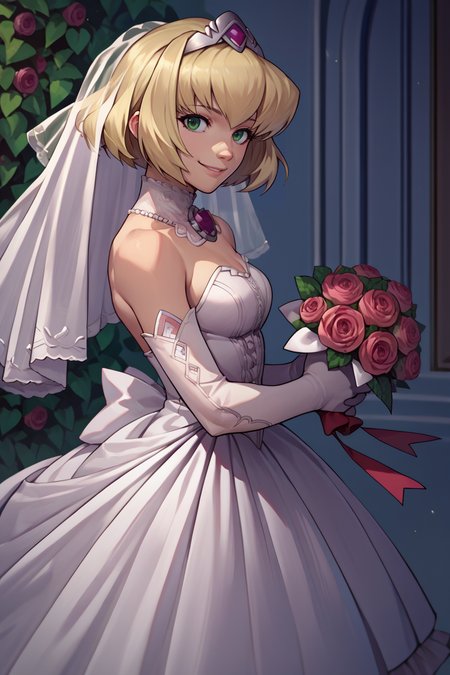 score_9, score_8_up, score_7_up, score_6_up, source_anime, 1girl, solo,  <lora:xfalexia-pdxl-nvwls-v1-000005:1> fenAlexia, short hair, blonde hair, hair ornament, wedding dress, long dress, frills, elbow gloves, smile, holding bouquet of roses, from side, looking at you