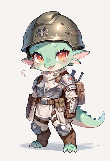 score_9, score_8_up, score_7_up, source_cartoon, cute chibi kobold, chibi body, body armor, combat gloves, combat helmet, looking at viewer,  SomSom Style
