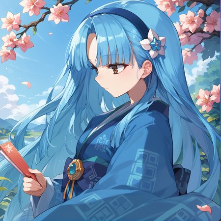score_9, score_8_up, score_7_up, source anime, yukihime, 1girl, solo, japanese clothes, long hair, hand fan, blue hair, hairband, kimono, folding fan, hair flower, holding, blue kimono, profile, upper body, brown eyes, <lora:yukihime-xl-pony-v1:1>,