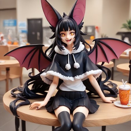 score_9, score_8_up, score_7_up, score_6_up, Figure,
Moriko,  bat ears, very long black hair, black nails, yellow eyes, white pupils, solo,
black capelet, white short sleeve shirt,  fur trim, black pleated skirt, black thighhighs,
happy, sitting in a restaurant,
 <lora:Anime_Figure_P1:1> <lora:moriko_kyoho_ponyxl_v0.6:1>