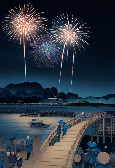 splendid fireworks, river, nighttime, wooden arch bridge, boat, crowd, outdoors, (masterpiece, best quality),  highly detailed, KHsty-XL <lora:KHsty-XL-v3-AN-000020:0.8>