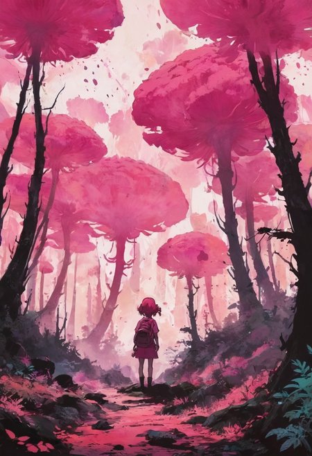 Studio Ghibli style, Nausicaä silhouette, backdrop of spore forest, eruptions of chromatic ink, fuchsia splashes, muted shades disrupted by vibrant saturation, 
[betterandrich::0.0],