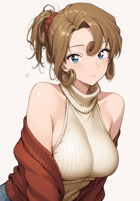 masterpiece, best quality, highres, simple background, looking at viewer, 
1girl, solo, kudo yukiko, blue eyes, tied hair, sweater, bare shoulders, 
 <lora:kudo_yukiko_il_v1:1>