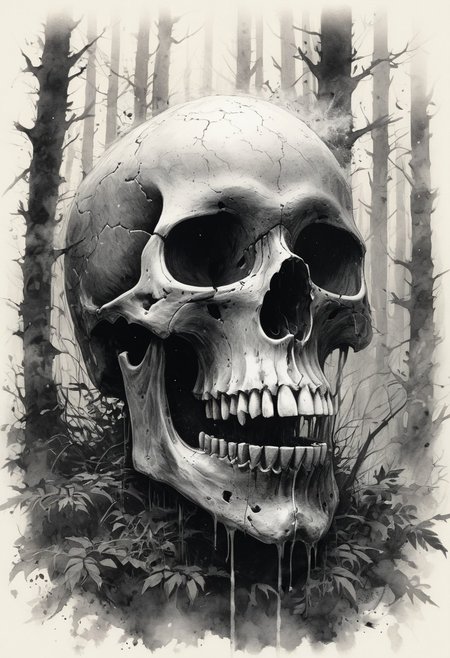 A dark fantasy 24mm portrait illustration of a Skull in a ink wash drawing style, set in a mystical fog-covered forest, a dynamic action pose and an grimace expression. The scene is illuminated by natural diffused daylight, enhancing the whimsical atmosphere. dust particles catching the golden sunlight. A breathtakingly detailed anime-style masterpiece, rendered with ultra-HD precision and vibrant, hand-crafted depth. Each detail is masterfully refined, encapsulating the essence of the scene in stunning resolution., <lora:add-detail-xl:0.5>,  <lora:xl_more_art-full_v1:0.8>,