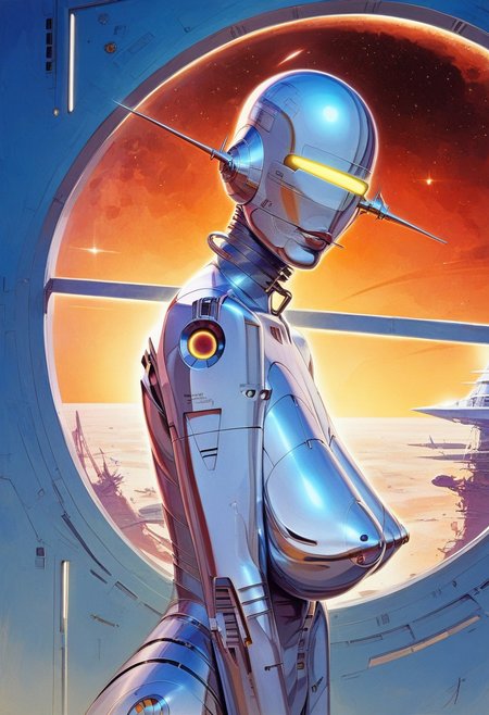 score_9, score_8_up, score_8_up, 1girl, robot, large saggy tits, deep cleavage,((uuper body focus))  steel collar, feminine,  big saggy breasts, nipple , looking at viewer, in space ship , dramatic lighting < BDSM outfit , looking away, ((space ship window in the back looking at starts)) side view
by norman rockwell