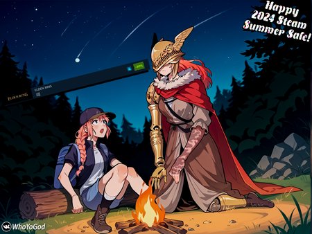 score_9, score_8_up, score_7_up, score_6_up,source_anime, rating_safe,
2girls, night, campfire, depth of field,dutch angle,
<lora:incase_v14:0.3>,
BREAK
<lora:steam_delivery:0.8> , SDG, hat, shorts, jacket, shirt, backpack, braid,
sitting, knees up,log, leaning back, looking up, open mouth,head back, BREAK
<lora:Malenia_pdxl_Incrs_v2:1> , MaleniaDef, red hair, covered eyes, helmet, fur trim, brown dress, red cape, armor, single scar on arm, single mechanical arm, mechanical leg, wariza,