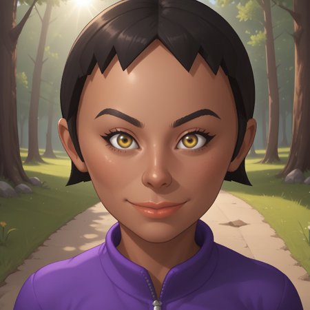 score_9, score_8, BREAK, solo, mii, wii, wii sports, 1girl, female mii, cute, black hair, black skin, black eyebrows, dark yellow eyes, lips, purple clothing, white pants, shoes, breasts, Sandra_(Wii_Sports), nintendo mii, modern_mii, classic_mii, sexy pose, smile, outdoors, sunlight, shadows, evening lighting, natural lighting, forest, trees, grass, orange sky, sunset