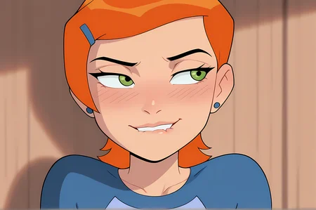 best quality, absurdres, 
 <lora:GwenTennyson_Ben10_illustrious_Leaf1:1> gwen_tennyson, green eyes, orange hair, short hair,
1girl, naughty face, close up, biting own lip, blush, looking to the side,