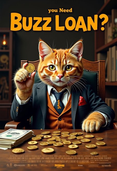 a realistic picture,((((Display the text " you need buzz loan??" on top a movie poster))))
Movie poster of orange cat mafia, the orange cat sitting in chair, wearing luxurious bussines suit, hand offer BUZZ COIN,( the usual stacks of cash  Instead, the shelves are lined with small, neatly arranged coins, each shaped like a tiny, stylized orange lightning bolt. The coins are labeled as "Buzz." ))8k, ultra detailed, at the market, <lora:cashbaba:0.6>  <lora:xl_more_art-full_v1:0.5> I  background:  logo:1.9 <lora:Harrlogos_v2.0:1.9>, (full body shots),