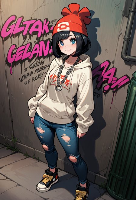 masterpiece, best quality, 1girl, solo, eyelashes, (beautiful eyes), narrow waist, smile,   zzSelene, black hair, short hair, C0utur3Cr4z3, 1girl, solo, oversized hoodie, distressed jeans, chunky sneakers, statement chain necklace, beanie, graffiti alley, urban vibe â Selene stands confidently in a graffiti-covered alley, exuding bold streetwear energy. Her oversized hoodie with bold graphic prints sways as she moves, while distressed jeans and chunky sneakers give her look an effortless edge. A statement chain necklace glints against the dark backdrop, and a beanie sits atop her short black hair. The alley's vibrant graffiti adds color to the scene, highlighting her urban style.   <lora:SelenePokemon_NAI:1.0>,