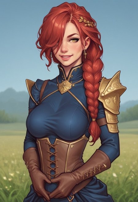 1girl, illustration, looking at viewer, highly detailed, from front, 1girl, illustration, looking at viewer, highly detailed, source_comic_illustrationskinny, looking at viewer, 1girl, masterpiece, best quality, Her , full body portrait, 1girl, <lora:agrias-nvwls-v3:1> agrias, armor, corset, blue dress, brown gloves, weapon, cross-laced boots, looking at viewer, sidelocks, braided ponytail, yellow eyes, Romance, sci-fi, artificial intelligence, highly detailed
BREAK 
slight smile, looking at viewer, 
BREAK 
long hair, red hair, hair over one eye, big hair, 
BREAK 
best quality, depth of field, bokeh, (((full clothed)))  (best quality, high detail), ((masterpiece)), <lora:1_ino_20e:1>
BREAK 
((((field, farm)))) score_9, score_8_up, score_7_up, score_6_up, source_cartoon, rating_explicit, Expressiveh, (((((upper body))))), dynamic pose