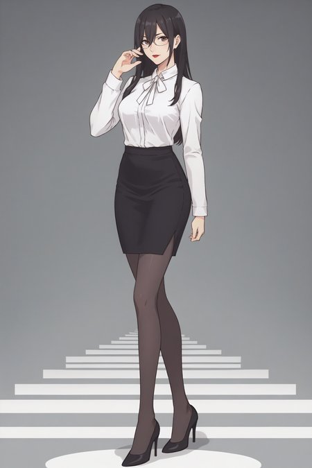 score_9, score_8_up, score_7_up, BREAK source_anime, <lora:Mayuri Hanyuu-PonyXL-lora-Faxtron:0.8> mayuri hanyuu, brown eyes, black hair, long hair, medium breasts, red lips, glasses, white shirt, white neck ribbon, pencil skirt, black pantyhose, high heels, standing,
