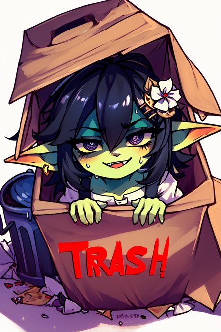 score_9, score_8_up, score_8,   BREAK,  <lora:Trash_Waifu_PDXL:1.0>,  zzTrashWaifu, in trash can,   1girl, goblin girl, green skin, black hair, smug, sexy body, petite body, shortstack, medieval clothes, white dress,   simple background, hair ornament, white background, hair between eyes, sweat,  shaded face, box, @_@,  cardboard box, gloom (expression), in box, red text, the word trash,  (text focus, the word trash:1),  BREAK,  embedding:zPDXL, Expressiveh,  <lora:CatalystStylePDXL:0.6>,  <lora:SDXLFaeTastic2400:0.5>,  <lora:Expressive_H-000001:0.4>,