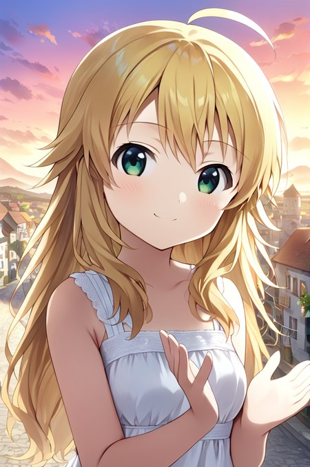 hoshii_miki, 1girl, solo,petite,long hair, blonde hair, green eyes,ahoge,medium breasts,close up,standing,looking at viewer,flowerhands,white dress, Make flower shape with both hands, open palms,incoming,upperbody,smile,cloud,sunset,town,wind<lora:Hoshii_Miki:0.7> <lora:better skin typeB-v1:0.7> <lora:XDetail_light:1>masterpiece,best quality,source anime
 <lora:negativeXL_D:1> <lora:_sdxl-flowerhands:0.7>