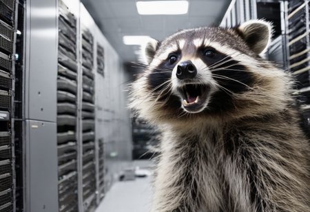 racoon selfie, in a messy server room, lagging screens on walls, servers racks