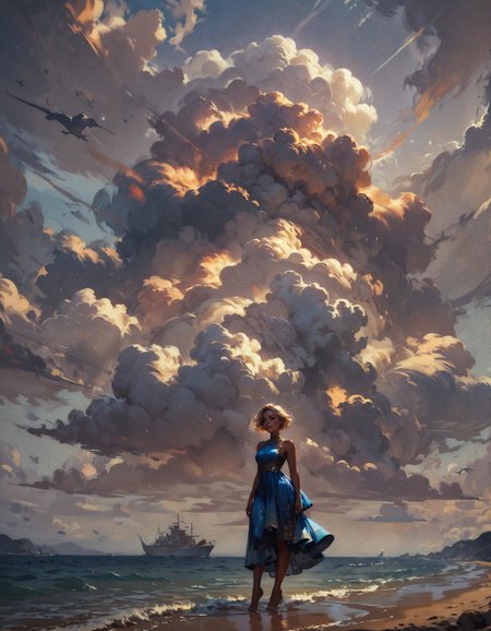 score_9, score_8_up, score_7_up, score_6_up, score_5_up, score_4_up,  woman, 25 years old, tan skin, blue fluorescent dress, (windy:1.3), stormy clouds, narrow hips, smiling, seashore, ocean, short blonde hair, blue eyes, blushing, golden hour