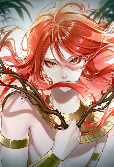solo, red eyes, 1boy, long hair, red hair, male focus, looking at viewer, jewelry, upper body, androgynous, armlet, holding, floating hair, earrings, eyelashes, branch, hair between eyes <lora:cuso4XL_NBVP1_lokr_V6311PZ:0.95>