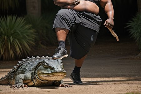 raw photo of (((a black fat man kicking an alligator))), (natural skin texture, hyperrealism, soft light, sharp)
