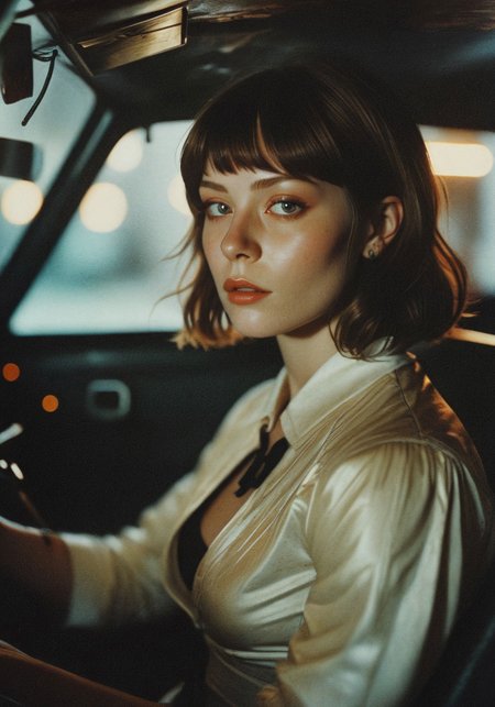 highly detailed and hyper realistic photo, by B. Yeager , by Ivan Bilibin , by Adrian Ghenie , a bleached, a human-like advanced female android , pinup girl, driving a car, interior view in cinematic shot, movie frame, in the style of  mandola art, limited dark palette, unusual dark colors, faded colors, atmospheric haze, highly dramatic cinematic lighting, motion blur, film grain,  professional, excellent composition, finest details, maximized details, ultimate detail level, masterpiece, best quality