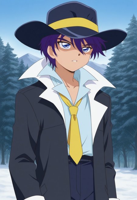 masterpiece,best quality,amazing quality, source_anime, retro artstyle,
sheido, 1boy, male focus, solo, blue eyes, purple hair, hat, black headwear, shirt, blue shirt, popped collar, necktie, yellow necktie, coat, black coat, open coat,
outdoor,