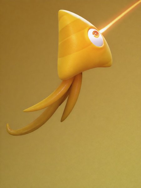 ILXLpos,solo,YellowWisp, bright yellow smooth triangular body, subtle horizontal stripes, large round single reddish-orange eye, Three elongated curved appendages extend from base resembling fins or tentacles,(heat vision,eyelaser),<lora:Laser Vision:1.2>,<lora:Yellow Wisp:1.0>