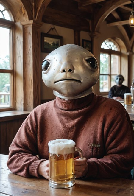 score_9, score_8_up, score_7_up, text title "Drink Barf" 1boy, sitting at a table, indoors, by the window, large head, afternoon, beer mug, looking at the window, brown turtleneck sweater, upper body, chill, calm, peaceful, albinauric_mask, <lora:ryth-albinauric-mask:1>