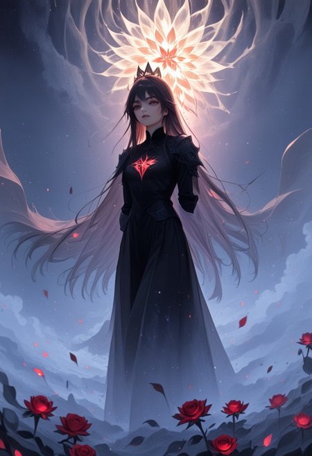 A beautiful woman stands at the edge of a vast, starry void, her form beginning to dissolve into a swirling storm of black, gold, silver, and red rose petals. Her face is serene, almost ethereal, as if she’s accepted her transformation. Her long hair flows gently in an otherworldly breeze, and her eyes, filled with a mix of sadness and wonder, gaze into the infinite cosmos. As the petals break away from her body, they are caught in a cosmic whirlwind, spiraling upward into the darkness. The black petals shimmer faintly, their edges glowing with gold and silver, while the red petals burn like embers, leaving trails of fiery light. The stars around her pulse and twinkle, their light reflecting off the petals and creating a mesmerizing dance of shadows and light. The atmosphere is a perfect blend of melancholy and beauty, capturing the woman’s transition from the physical world to the cosmic unknown. The scene is both haunting and enchanting, as if she’s becoming one with the universe itself." Additional details for refinement: Style: Hyper-realistic or semi-realistic, with a focus on atmospheric lighting and fluid motion. Lighting: Soft, cosmic light with glowing highlights on the petals and stars. Color palette: Deep blacks, shimmering golds and silvers, and fiery reds (petals), with shimmering whites and blues (stars). Mood: Melancholic, mystical, and awe-inspiring, with a sense of transcendence and beauty.