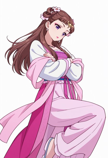 Smooth Quality,masterpiece,very intricate, high quality details, ultra realistic, high detailed skin,detailed enviorement,absurdres,
partially undressed, 
 <lora:Lishu_CNR:0.8> lishu_cnr,brown hair, long hair, purple eyes, makeup, lipstick, lishu_pink_cnr,hanfu, dress, long sleeves, sash, shawl, circlet, flower earrings, necklace,hair flower, hair rings, hair bun,, simple background, white background, front view,
dynamic pose, arms crossed, one leg bent, confident stance, slight head tilt, relaxed hands,  ,sulking,