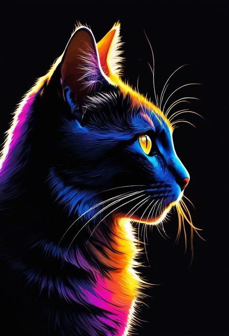 Minimalism, minimalist style Silhouette Art, breathtaking ,  an independent  gracious cat  silhouette with fur displaying a vibrant spectrum of iridescent colors, giving the impression of being dusted with precious shiny particles. The cat is set against a deep black background with a vibrant bright glowing contour. Each glossy strand of its fur is  adorned  with glare, enhancing the mystical and otherworldly appearance.
<lora:InkArtXL_1.2:0.4>  . award-winning, professional, highly detailed, high contrast, well defined, Silhouette Art . simple, clean, uncluttered, modern, elegant, abstract, simple geometic shapes, hard edges, sleek contours, Minimalism