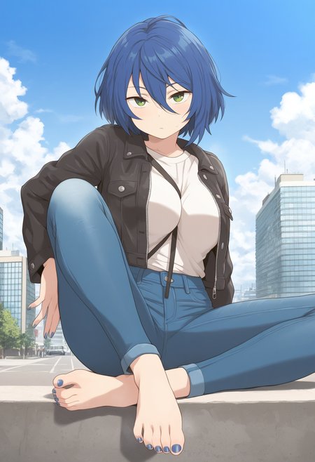 masterpiece,best quality,amazing quality,
1girl, solo, green eyes, pants, blue hair, denim, jeans, short hair, outdoors, toenails, toenail polish, shirt, between breasts, blue pants, sky, breasts, jacket, looking at viewer, nail polish, day, blue sky, hair between eyes, long sleeves, building, barefoot, cloud,
 <lora:Kuhuku:1>