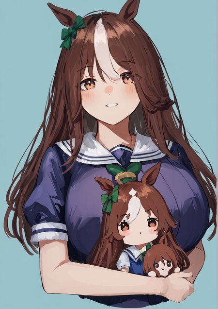 1girl, nice nature (umamusume), tokai teio (umamusume), huge breast, :d, :o, animal ears, blue background, blush, bow, brown eyes, brown hair, character doll, cropped torso, doll, ear bow, green bow, holding, holding doll, horse ears, long hair, multicolored hair, parted lips, puffy short sleeves, puffy sleeves, purple shirt, school uniform, shirt, short sleeves, smile, solid circle eyes, solo, streaked hair, tracen school uniform, twintails, upper body, white hair,zPDXL3,  handfixer <lora:HandFixer_pdxl_Incrs_v1:1> <lora:pikuson:0.8>
