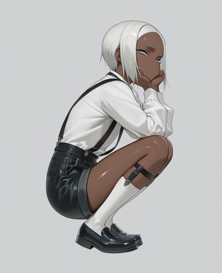 <lora:amrkdrw:1> amrkdrw,
(masterpiece), (best quality), (ultra-detailed), amazing quality, very aesthetic, illustration, perfect composition, intricate details, absurdres, incredibly absurdres, shiny skin, realistic,
 amrkdrw, solo, shorts, dark skin, socks, squatting, shirt, white shirt, white socks, simple background, short hair, shoes, black footwear, looking at viewer, full body, skinned female, long sleeves, white hair, suspenders, black shorts, from side, kneehighs, head rest, 1girl, legwear garter, white background, grey eyes, sensitive